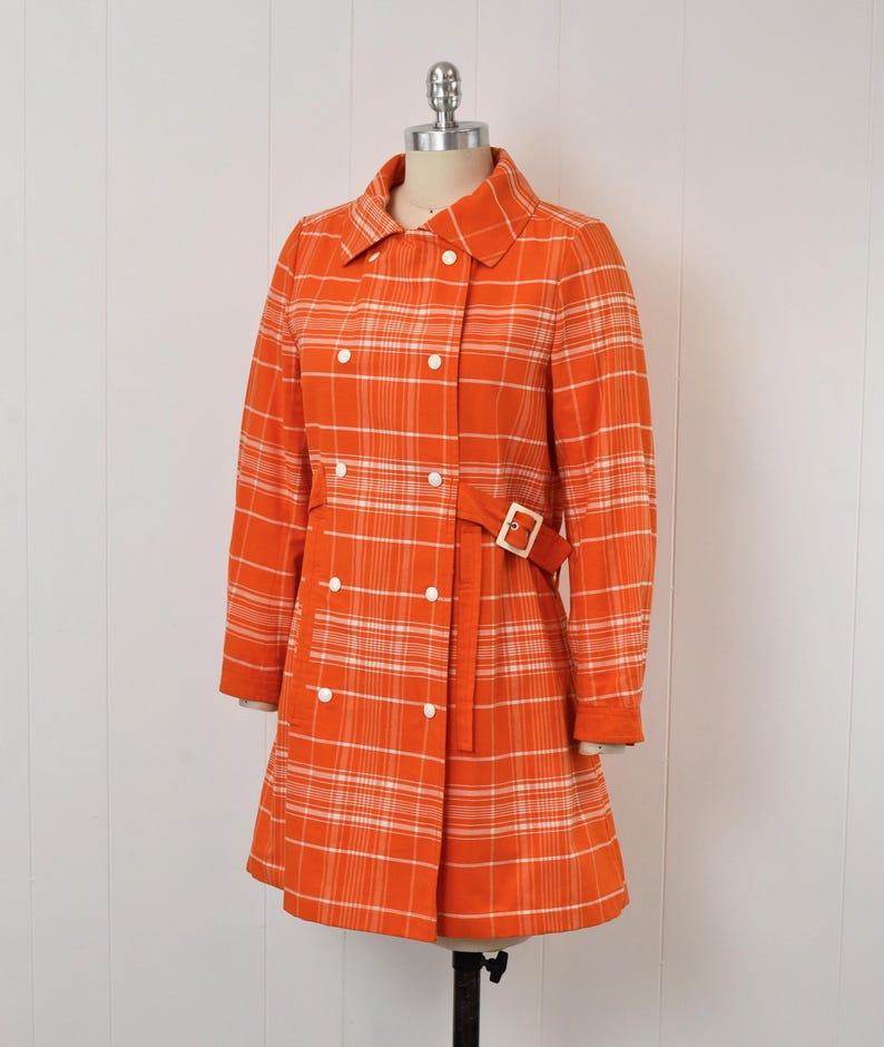 1970s Courreges Hyperbole Orange White Plaid Cotton Coat Jacket Dress image 5