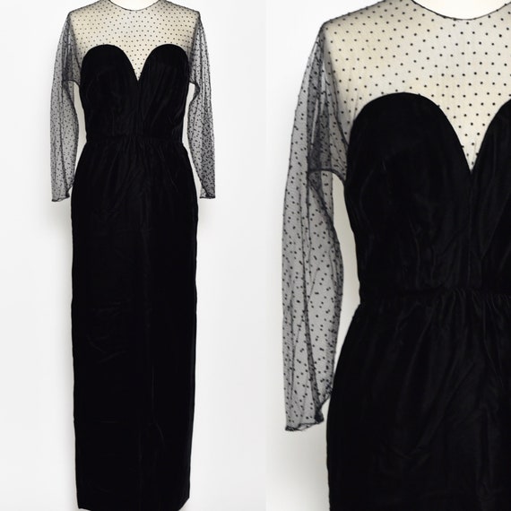 1980's Does 1940's Black Velvet & Polka Dot Gown