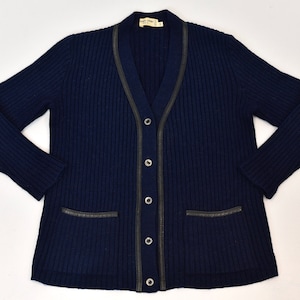 1980s Hermès Sport Navy Blue Wool Mohair Black Leather Trim Cardigan Sweater