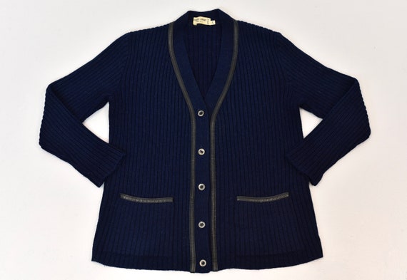 1980s Hermès Sport Navy Blue Wool Mohair Black Le… - image 1