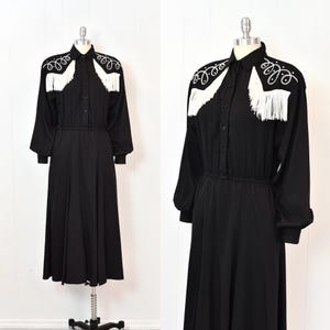 1980s/1990s Western Cowgirl Style Panhandle Slim Made in USA Black White Fringe Embroidered Dress