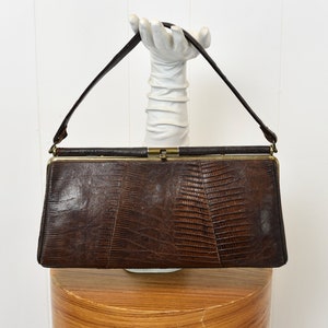 1950s Brown Alligator Reptile Skin Long Midcentury Purse Handbag