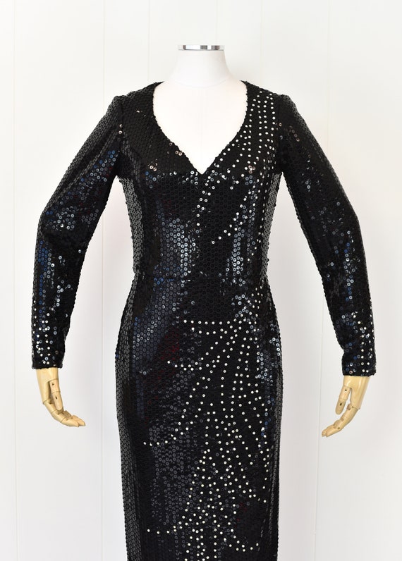 1980s Black Sequin & Rhinestone Rose Taft Gown - image 2