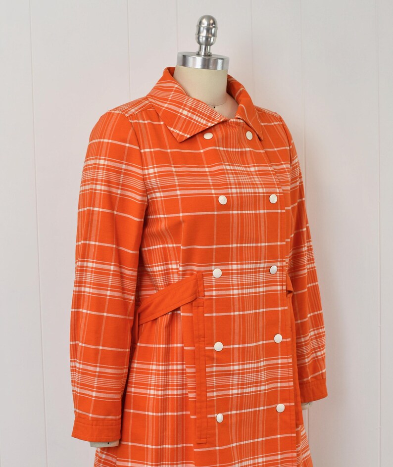 1970s Courreges Hyperbole Orange White Plaid Cotton Coat Jacket Dress image 8