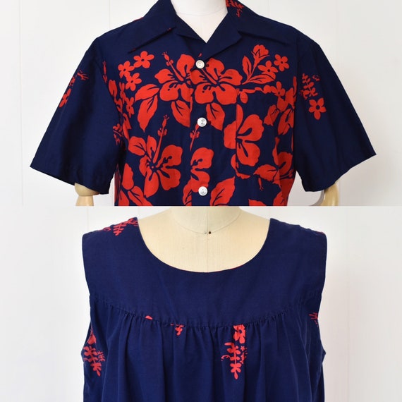 1960s/1970s Ui-Maikai Blue Red Floral Hibiscus Ha… - image 2