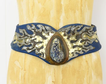 1970s Blue Leather & Stone Statement Belt