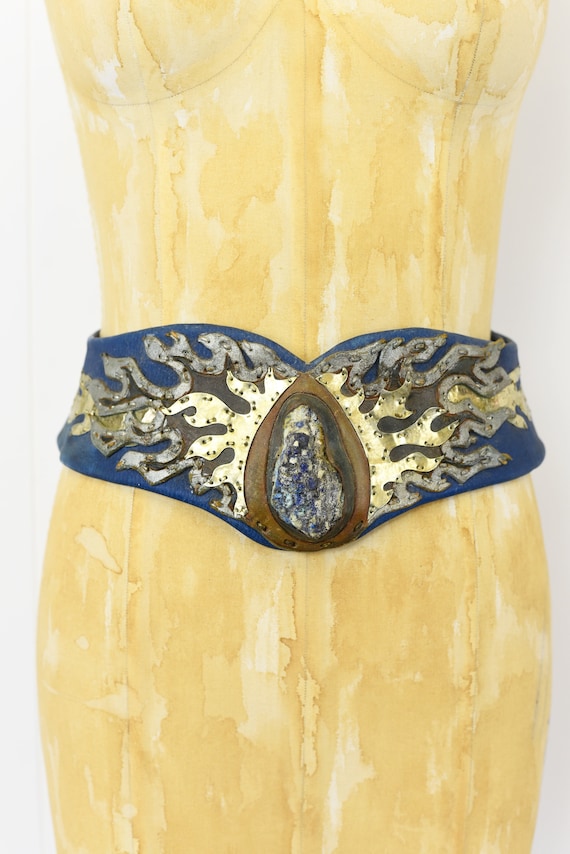 1970s Blue Leather & Stone Statement Belt