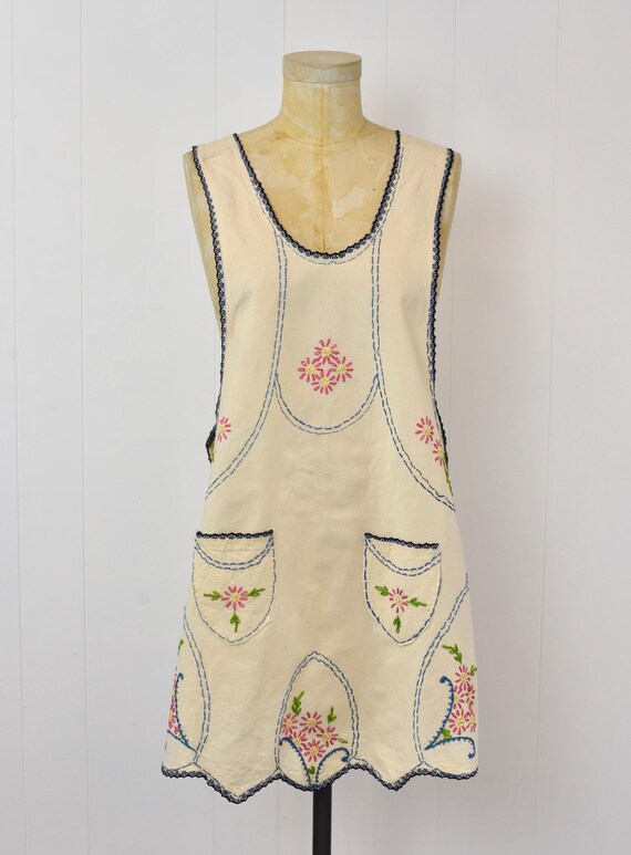 Antique Floral Embroidery Linen Apron Dress - image 5