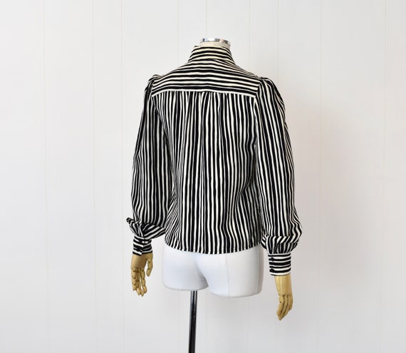 1980s Adolfo Black & White Striped Silk Blouse Sh… - image 7