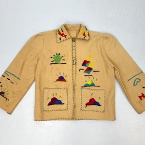 1950s Mexican Souvenir Embroidered Folk Scene Tan Beige Wool Childrens Kids Jacket