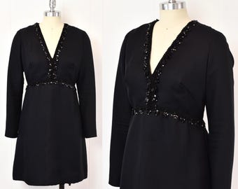 1960s Black Beaded Fringe Jr. Theme New York Groovy Mod Mini Dress As Is