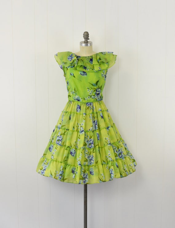 1950's Green Floral Sheer Ruffle Dress