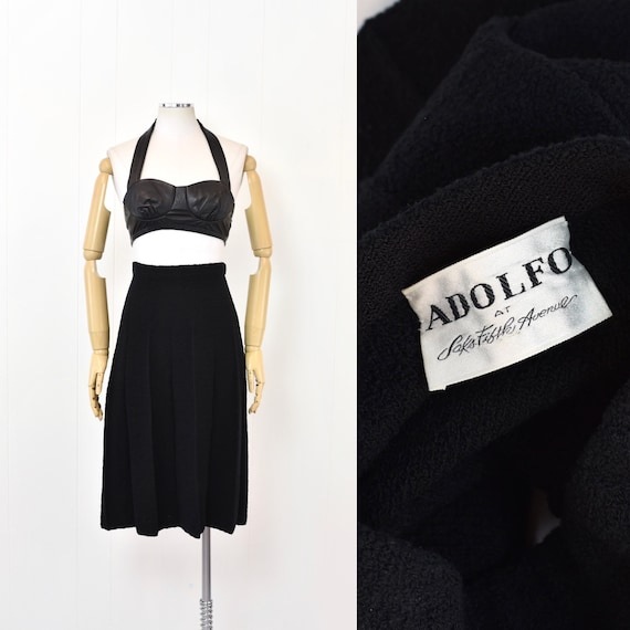 1980s Adolfo Saks Fifth Avenue Black Wool Pleated… - image 1