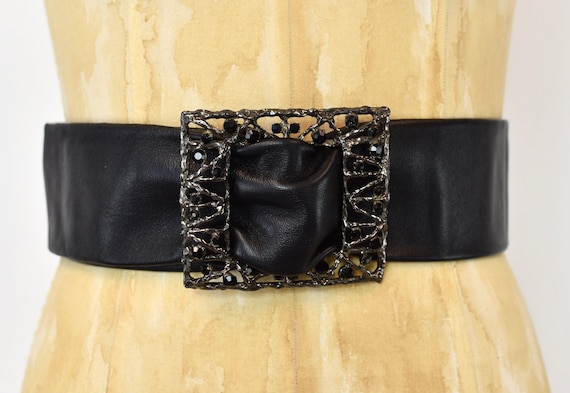 COPY - Vintage 80’s Black Leather Belt with rhinestone Vintage 80 main image 4