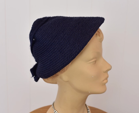 1950s/1960s Navy Blue Wool Bow Cap Hat - image 1