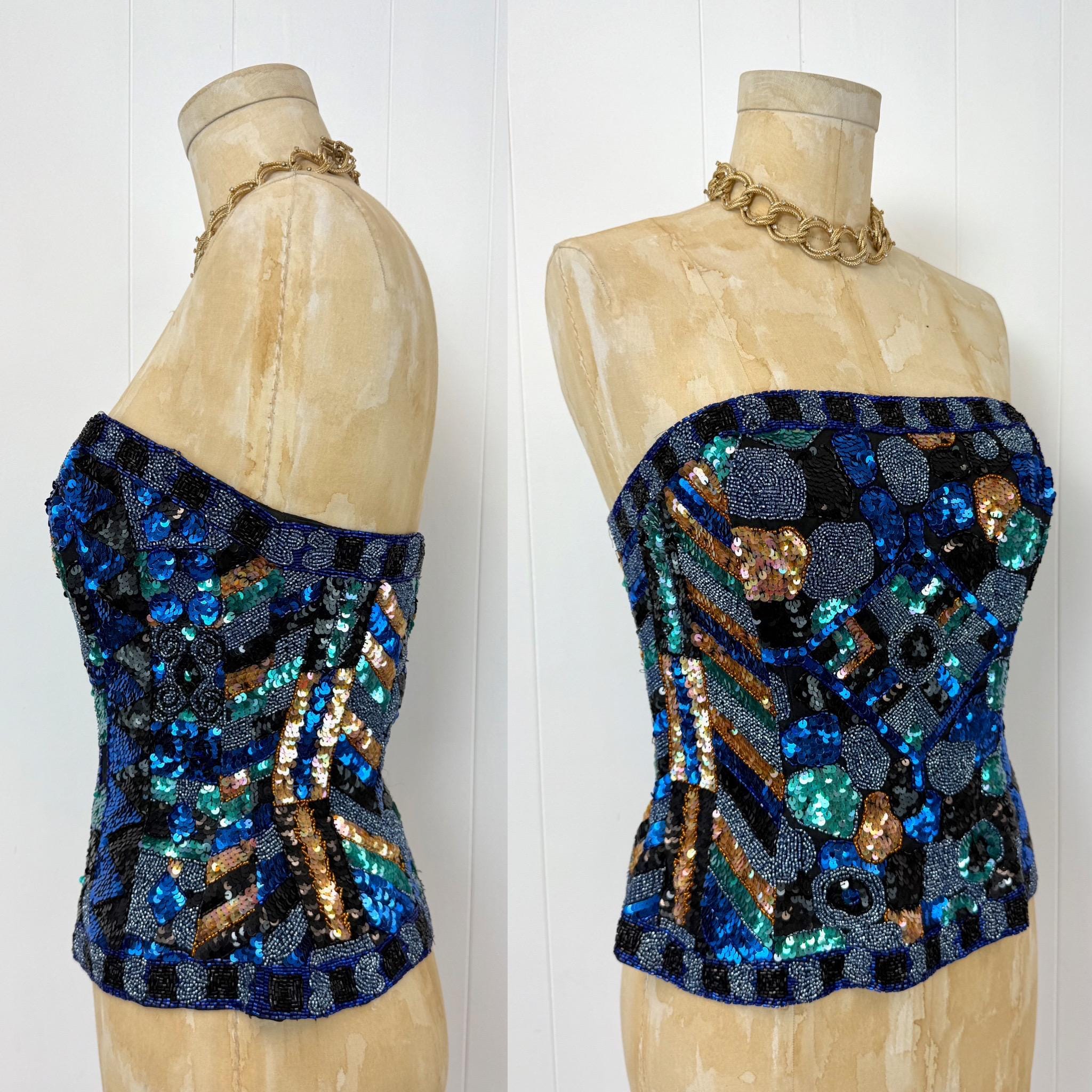 1980s Oleg Cassini Beaded Sequin Blue Black Formal Party Strapless 