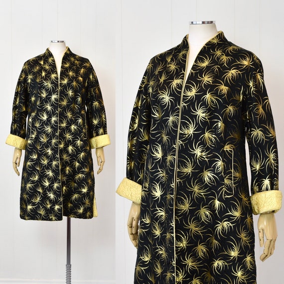 1950s Black & Gold Metallic Starburst Brocade Asi… - image 1