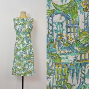 1950s Ballerina Dancer Shakespearean Style Novelty Print Blue Green Cotton Dress