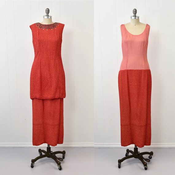1960s Coral Beaded Rhinestone Mod Party Maxi Dress Two Piece Set