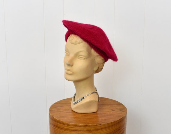 1980s Raspberry Pink Wool Beret Hat - image 1