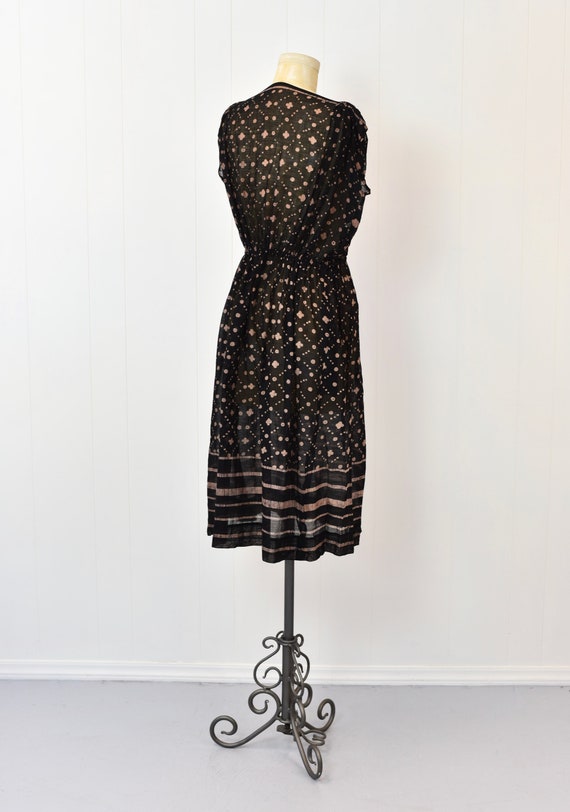 1970s Phyllis Sues Black & Tan Batik Sheer Dress - Gem