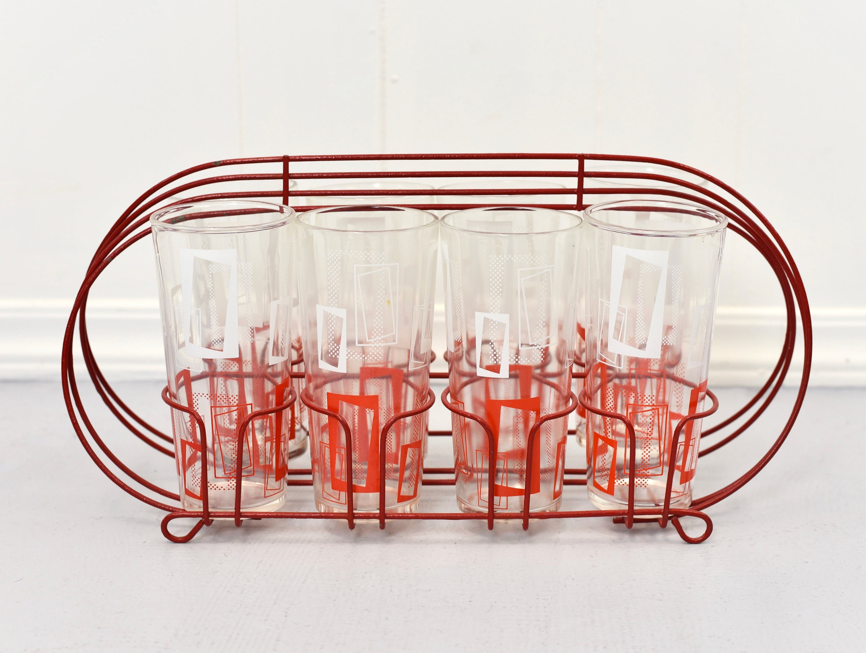 1950s/1960s Mid Century Modern Red White Highball Tall Glasses Modernist  Glassware Barware Set of 8 With Red Caddy Rack - Etsy