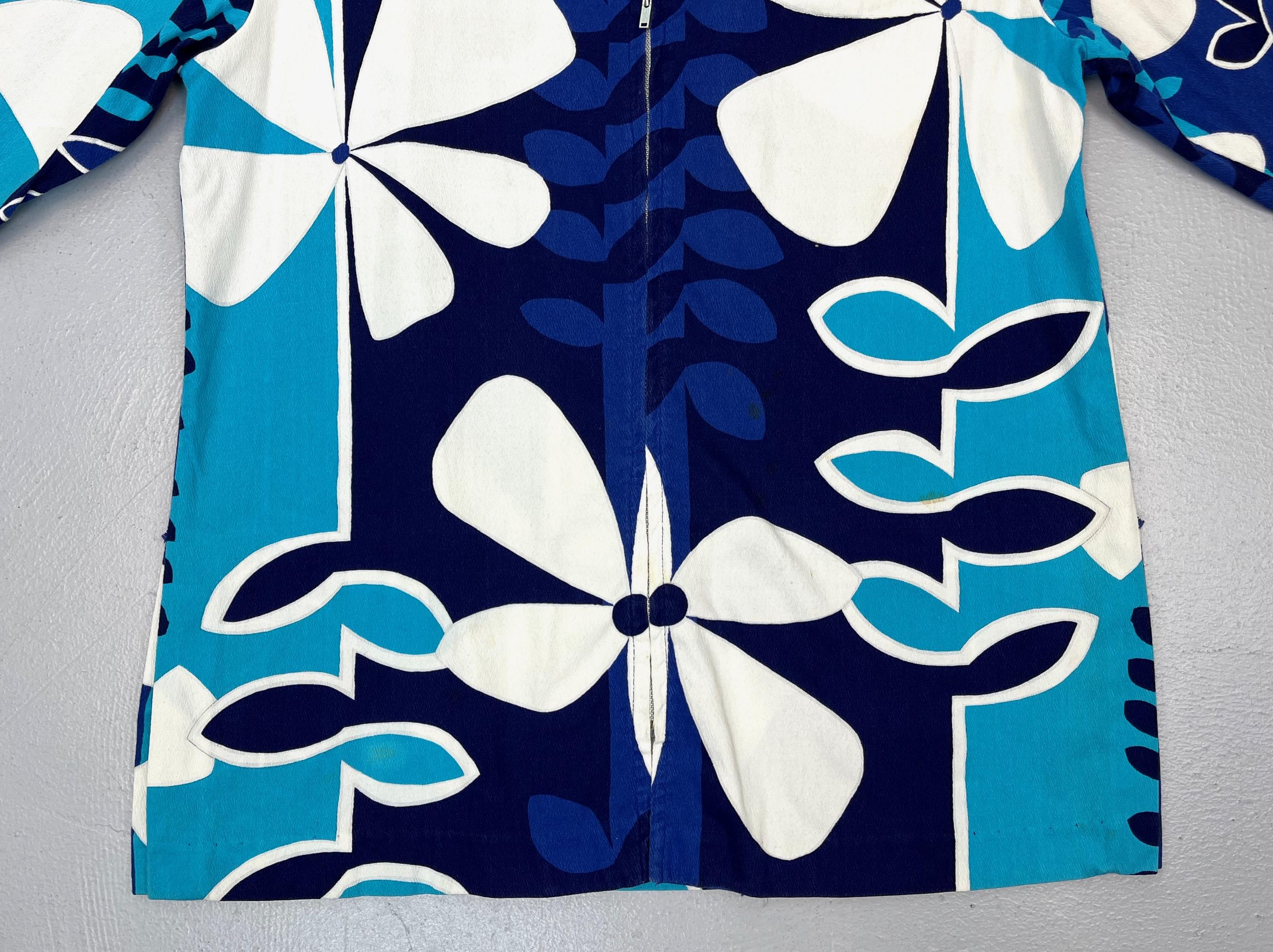 1960s Blue White Floral Keone Sportwear Hawaiian Tiki Cotton Front