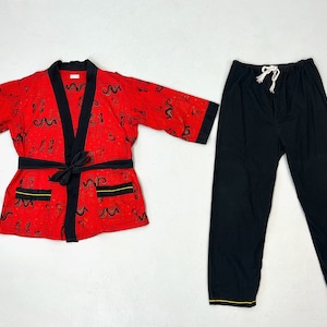 1950s Dragon Asian Novelty Print Weldon Red Black Metallic Shirt & Pants Pajama Loungewear Two Piece Set