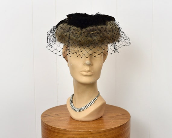 1940s Black Veiled Fur Sequin Bow Top Hat Fascina… - image 2