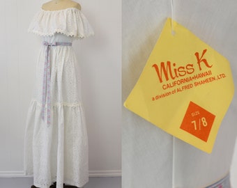 NOS 1970s Miss K Alfred Shaheen White Eyelet Maxi Dress
