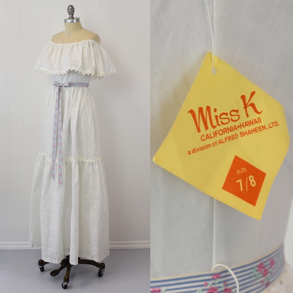 NOS 1970s Miss K Alfred Shaheen White Eyelet Maxi… - image 1