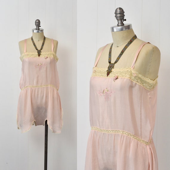 1920s Light Pink Floral Lace Embroidered One Piec… - image 1