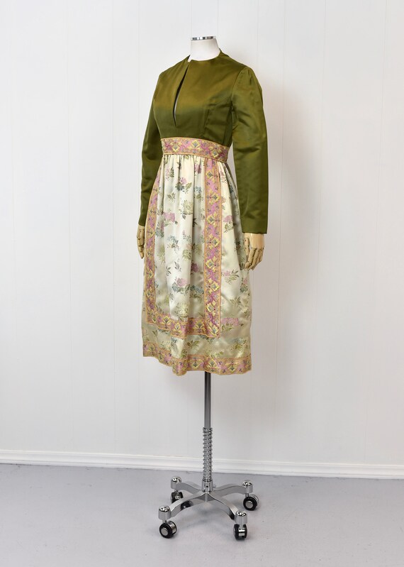 1960s Green Pink Floral Brocade Party Dress - image 3