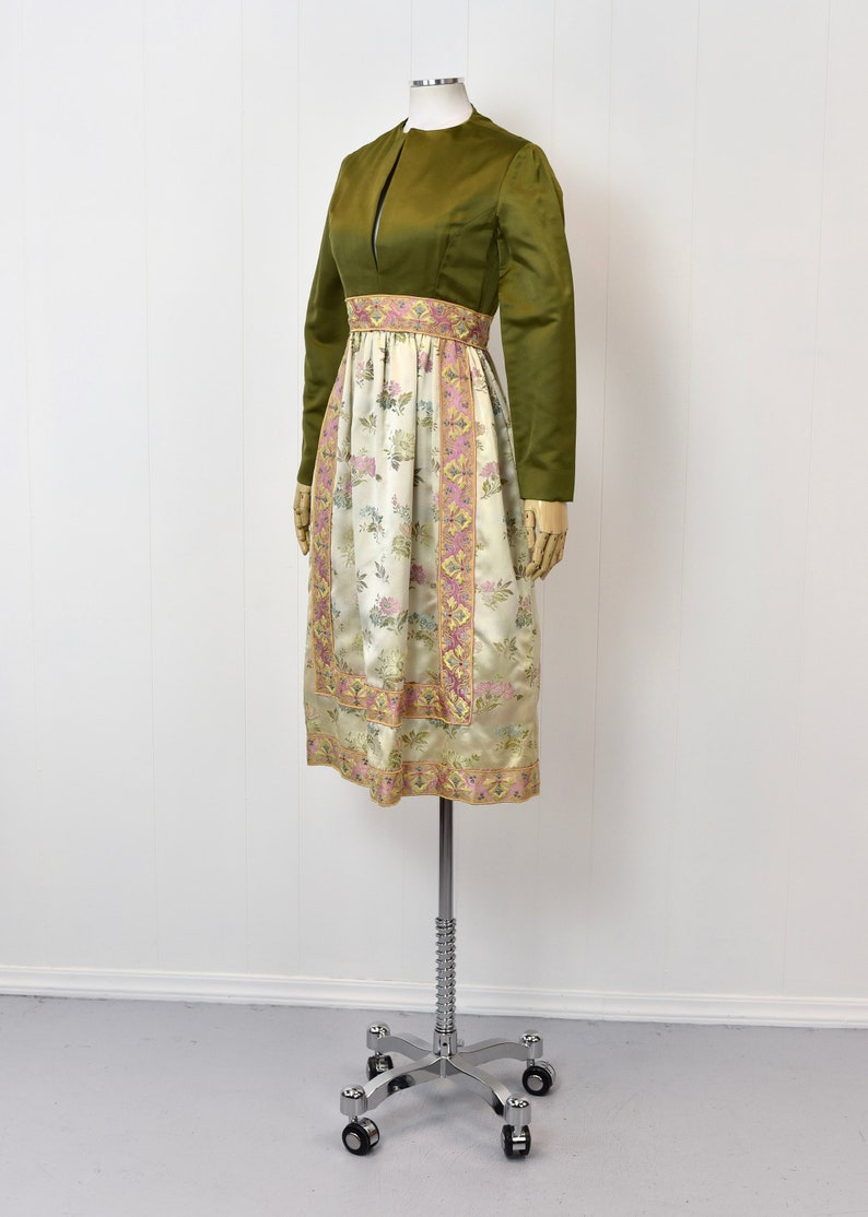 1960s Green Pink Floral Brocade Party Dress image 3