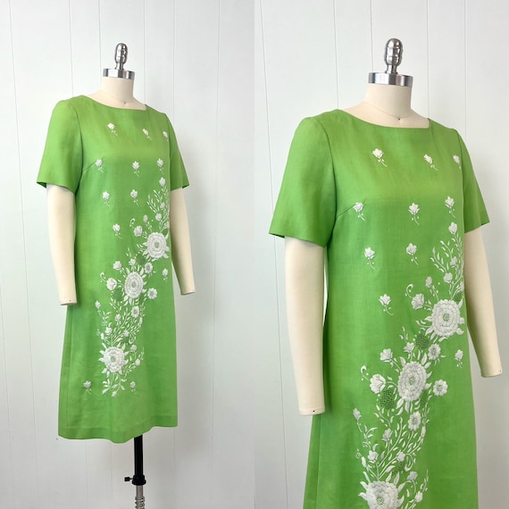 1960s Lime Spring Green Floral Embroidery Lattice… - image 3