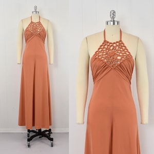 1970s Cut Out Floral Halter Neckline Wide Leg Palazzo Pant Disco Groovy One Piece Jumpsuit