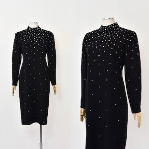 1980s Rhinestone Embellished Black LBD Party Cocktail Dress