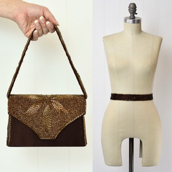 1940s Bronze Brown Beaded Handbag & Belt Set - image 1