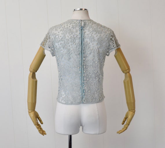 1950s Light Blue Beaded Faux Pearl Sheer Blouse - image 7
