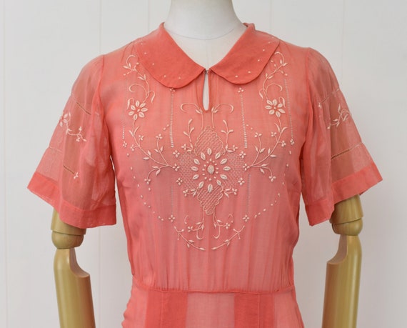 1920s/1930s Embroidered Coral Sheer Cotton Hungar… - image 2