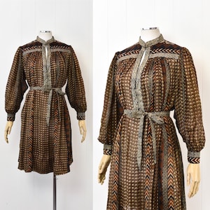 1970s Ritu Kumar for Judith Ann Indian Block Print Silk Balloon Sleeve Brown Ethnic Boho Hippie Dress