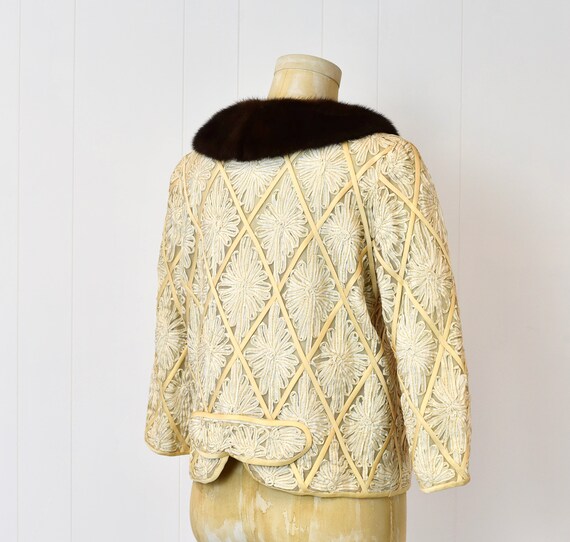 1950s Ribbon Floral Ivory Mink Fur Collar Bolero … - image 8