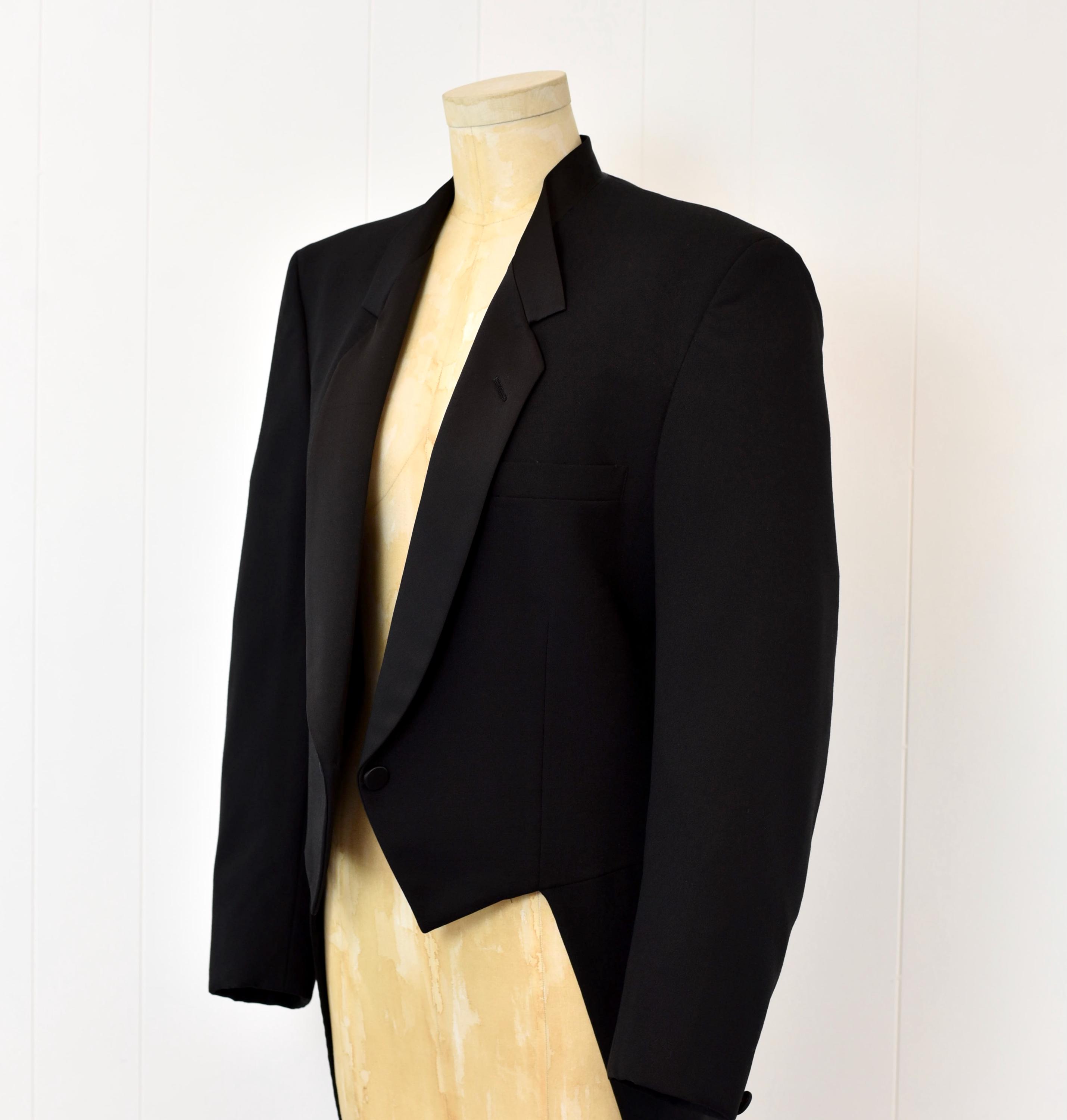 1980s Pierre Cardin Black Wool Satin Collar Tails Tuxedo Suit