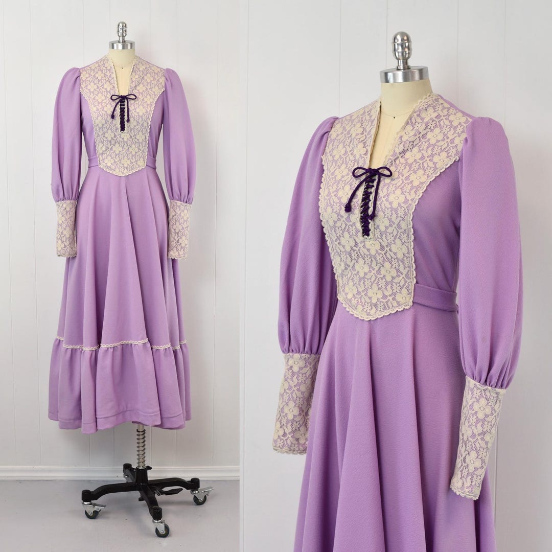 1970s Purple Lavender Lace Corset Lace up Ruffle Prairie Gunne Sax ...