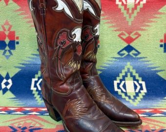 Vintage Laramie Men\'s 9 Leather Cowboy Boots Handmade Reddish Brown Embroidered Vintage Men main image 3