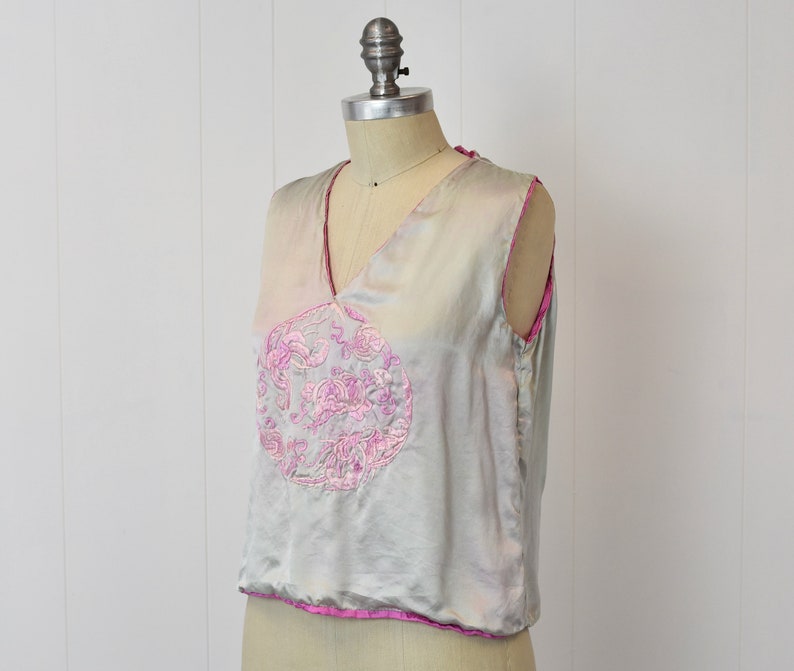 1920s Asian Inspired Green & Pink Embroidered Silk Blouse image 4