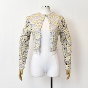 1960s Lavender Floral Lace Yellow Sequin Beaded Fringe Cardigan Sweater Sheer Overlay