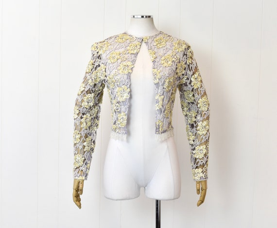 1960s Lavender Floral Lace Yellow Sequin Beaded F… - image 1