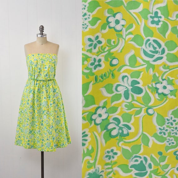1980s Lilly Pulitzer Yellow Green Floral The Lilly Strapless Summer Sun Dress 1980s Lilly Pulitzer Yellow Green Floral The Lilly Strapless Summer Sun Dress