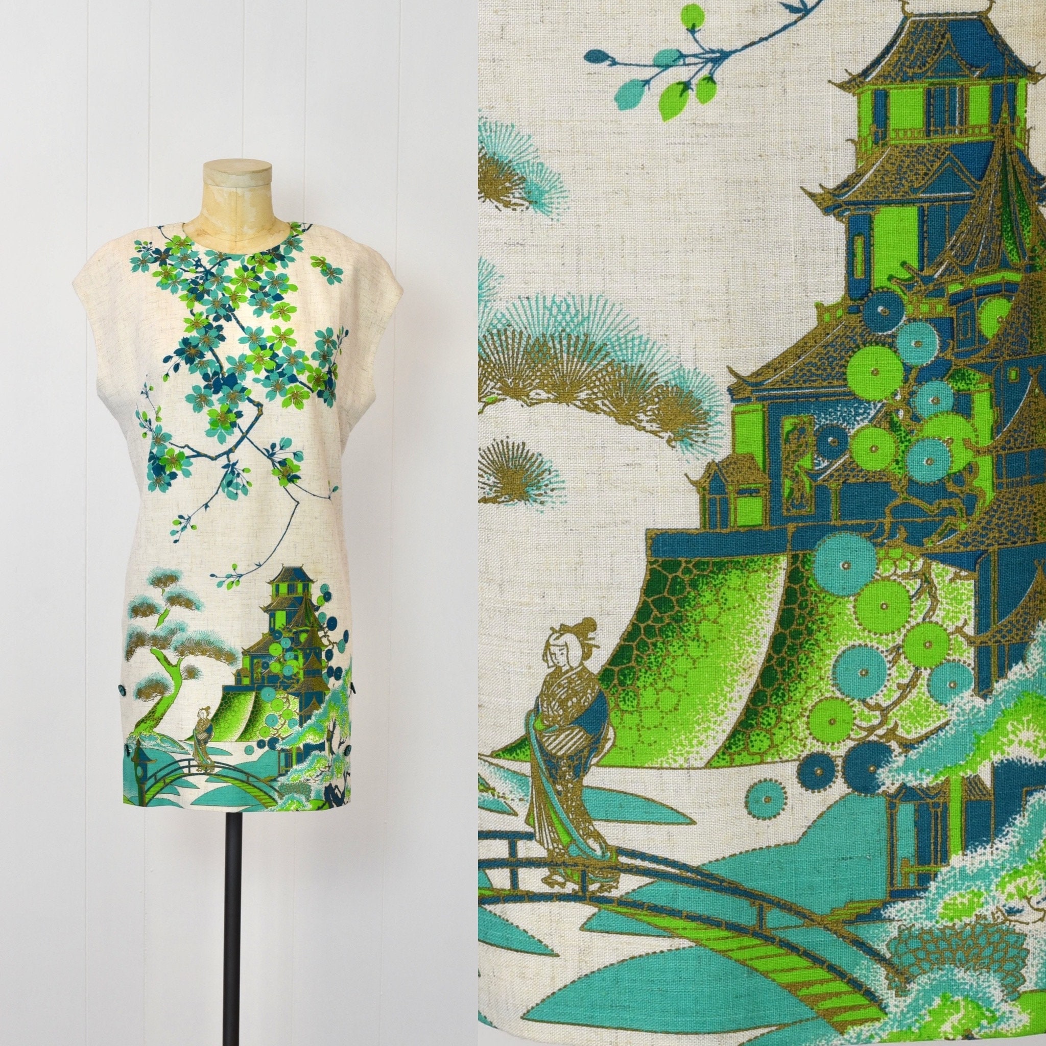 1960s Alfred Shaheen Asian Inspired Novelty Print Pagoda Geisha